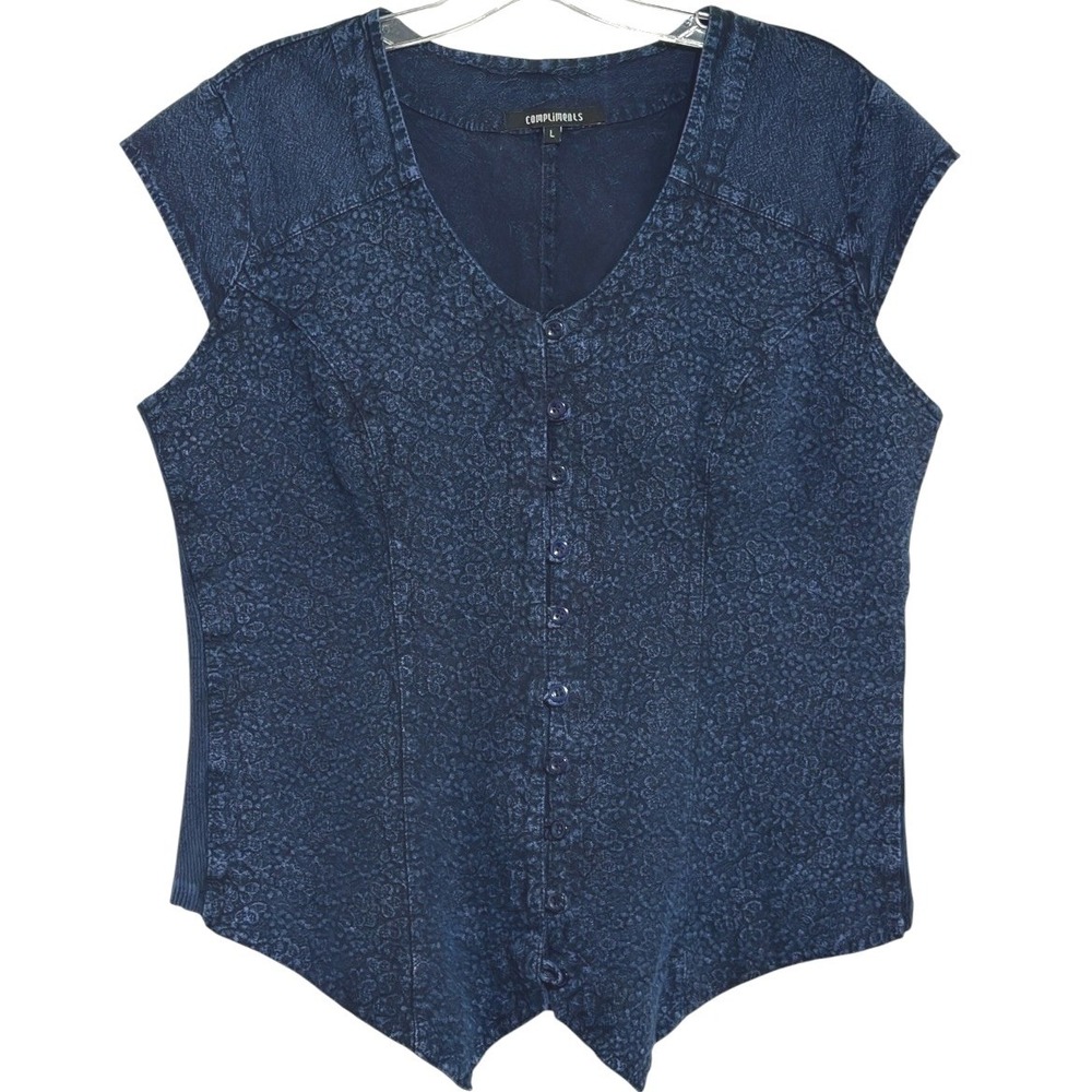 Compliments Button Front Vest Women Indigo Blue Floral Textured Boho Western L
